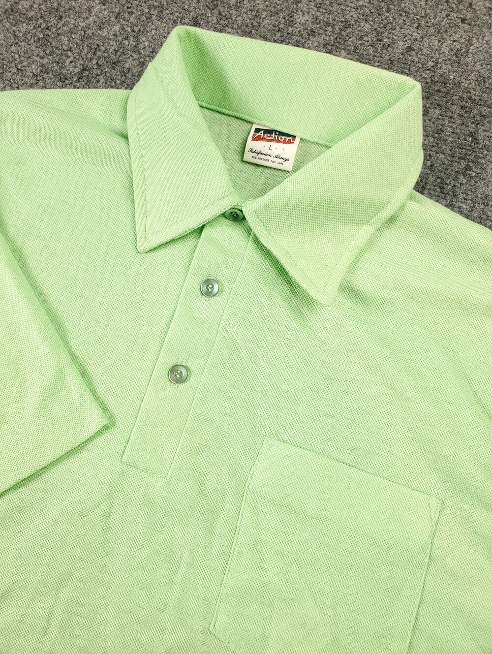 Vintage Action Polo Shirt Large Mint Lime Green 80s Pocket Pique Knit Retro
